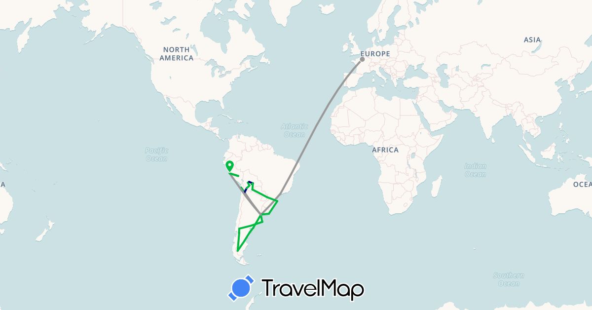 TravelMap itinerary: driving, bus, plane in Argentina, Bolivia, Brazil, Chile, France, Peru, Uruguay (Europe, South America)
